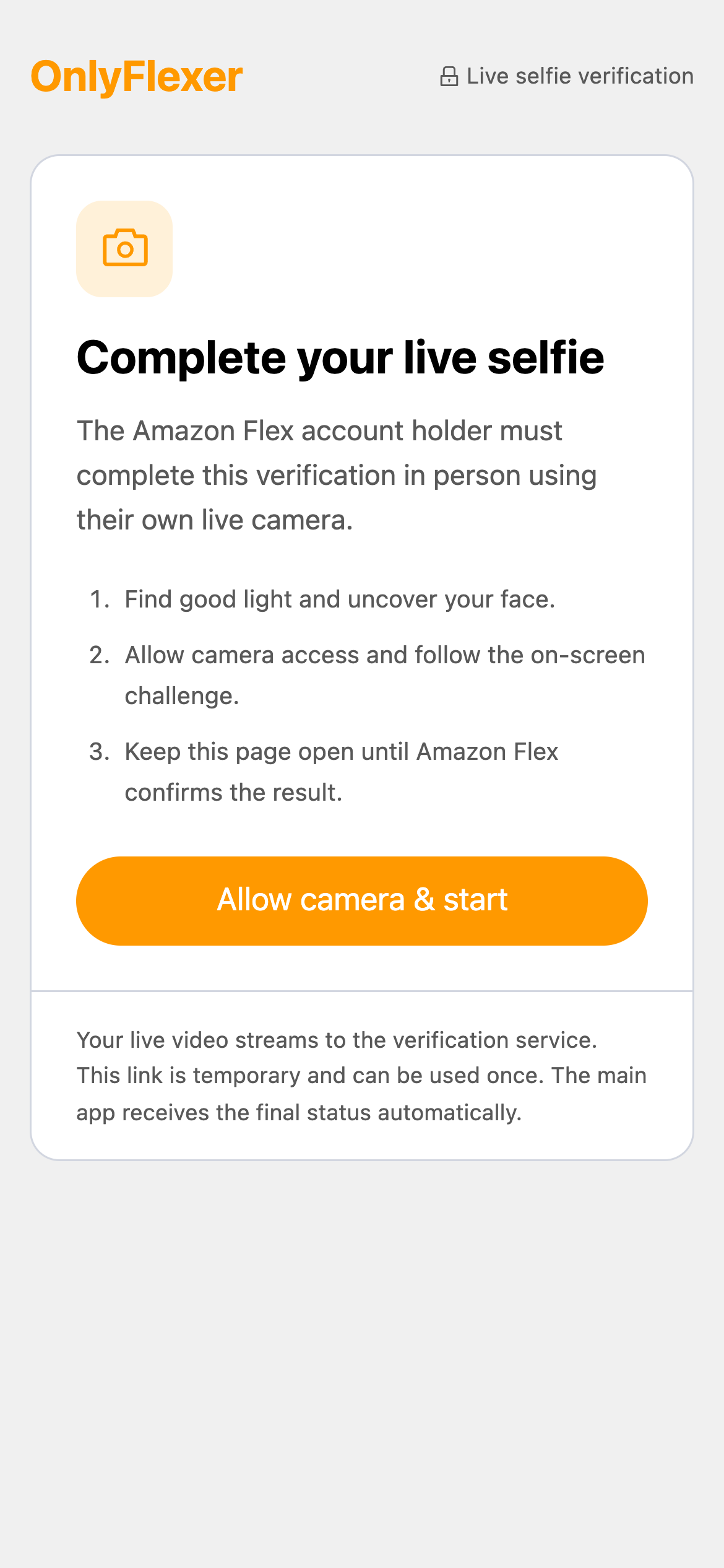 Preview of the Complete your live selfie page